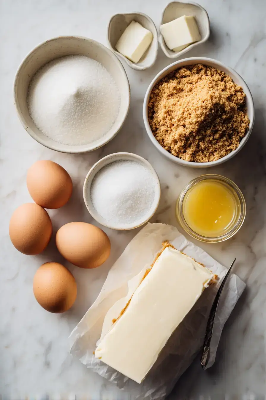Ingredients for making a Lemon Curd Meringue Cheesecake laid out on a counter