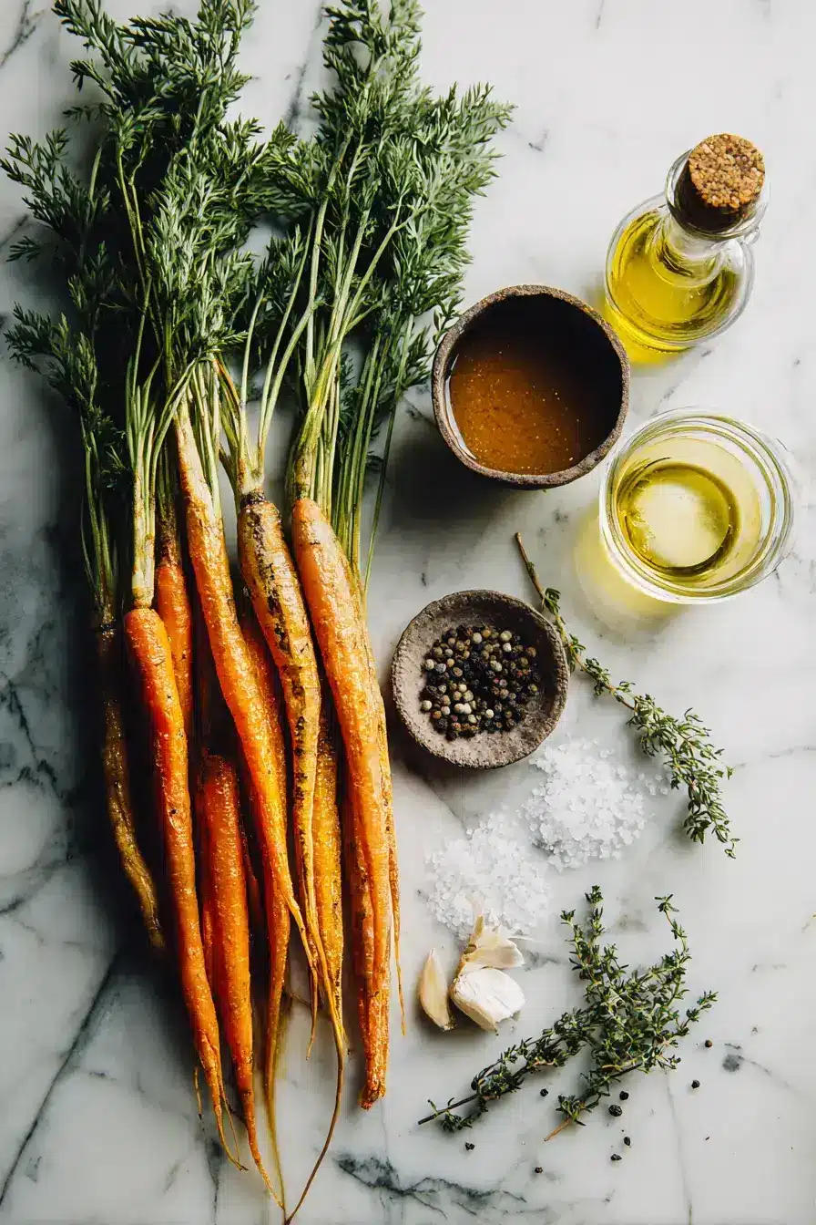 Ingredients for Maple Dijon Roasted Carrots arranged on a rustic table