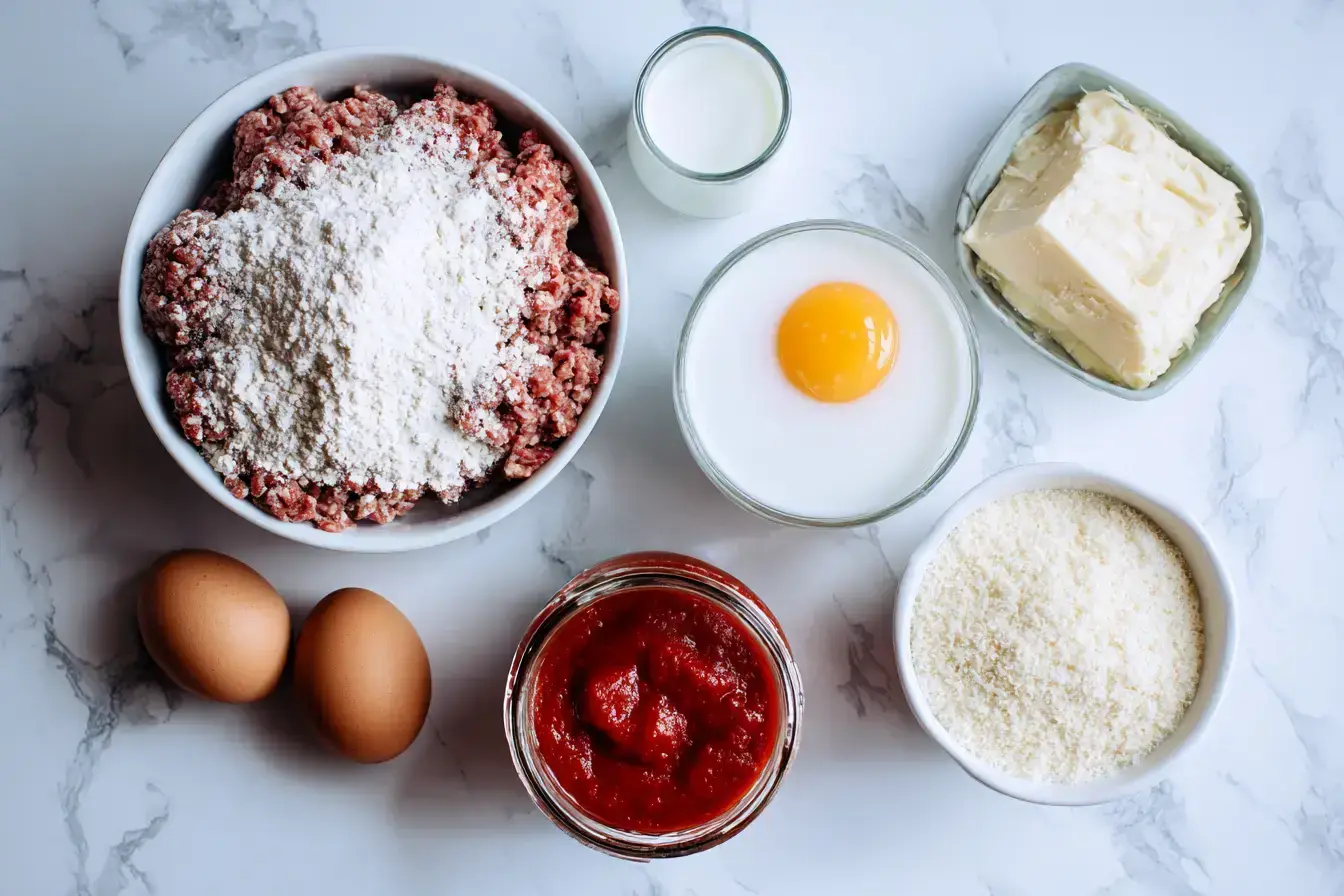 Ingredients for a cheesy meatball casserole recipe laid out on a rustic kitchen counter