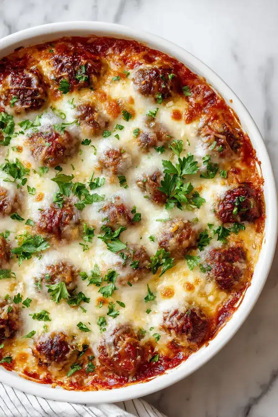 A beautifully served meatball casserole with fresh parsley garnish and a side of garlic bread