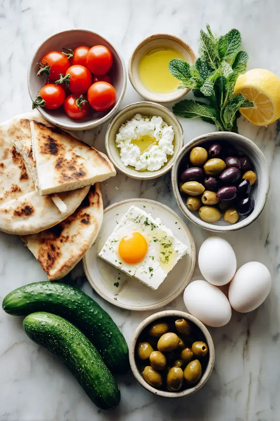 All ingredients for a Mediterranean Brunch Board laid out for preparation