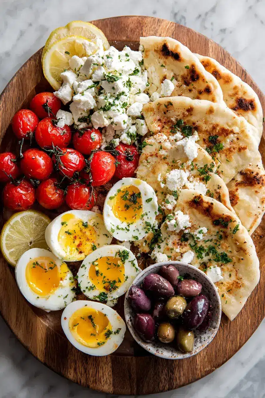 A beautifully served Mediterranean Brunch Board surrounded by friends sharing food and laughter