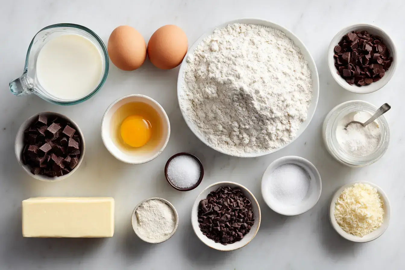 Ingredients for making Mini Chocolate Chip Muffins laid out on a table