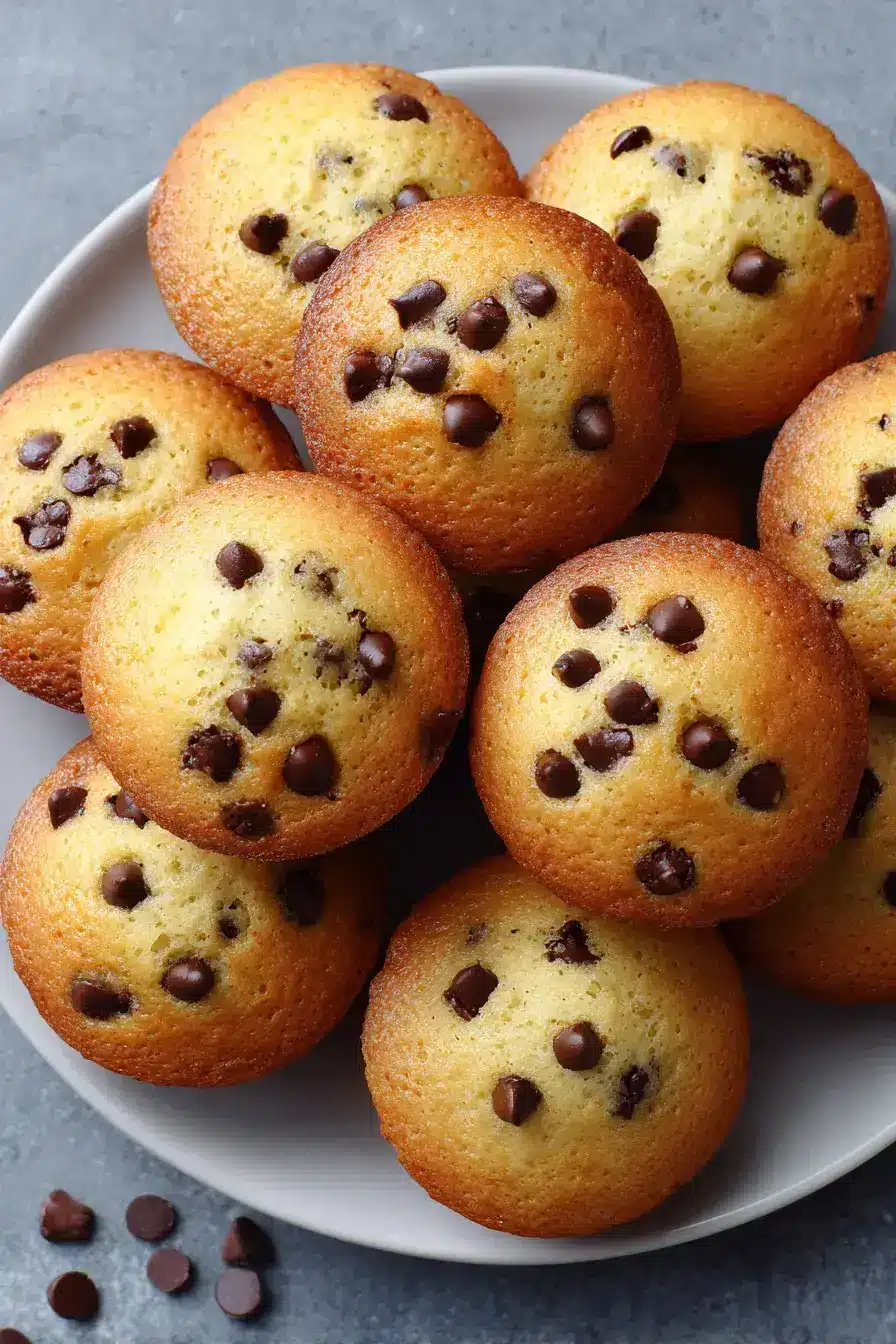 A charming plate of warm Mini Chocolate Chip Muffins served with fresh coffee and milk