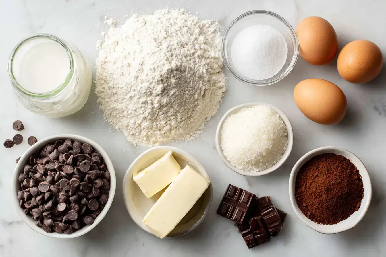 Ingredients for Mocha-Filled Chocolate Cookies laid out on a rustic wooden table