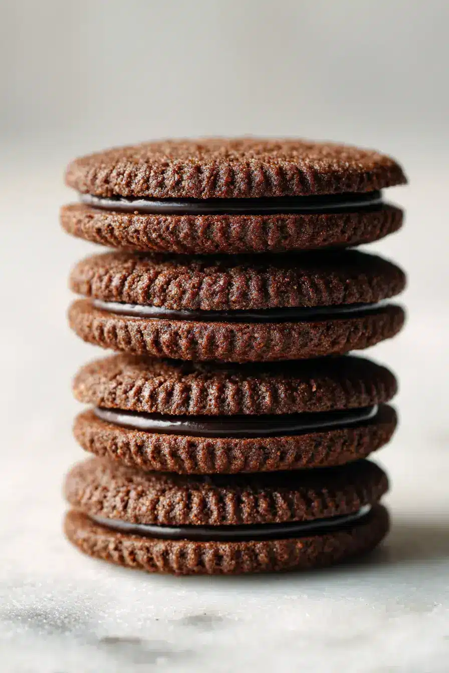 Mocha-Filled Chocolate Cookies served on a vintage plate with coffee in the background