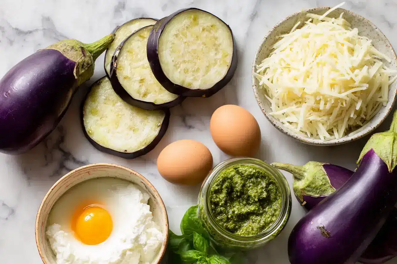 Ingredient lineup for Pesto Eggplant Lasagna with pesto, ricotta, and fresh eggplant