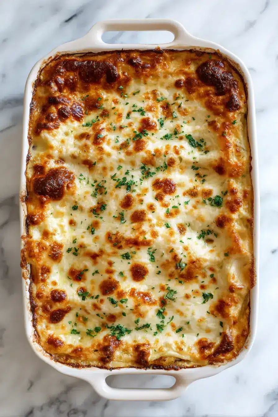 Beautifully served Pesto Eggplant Lasagna with fresh basil garnish