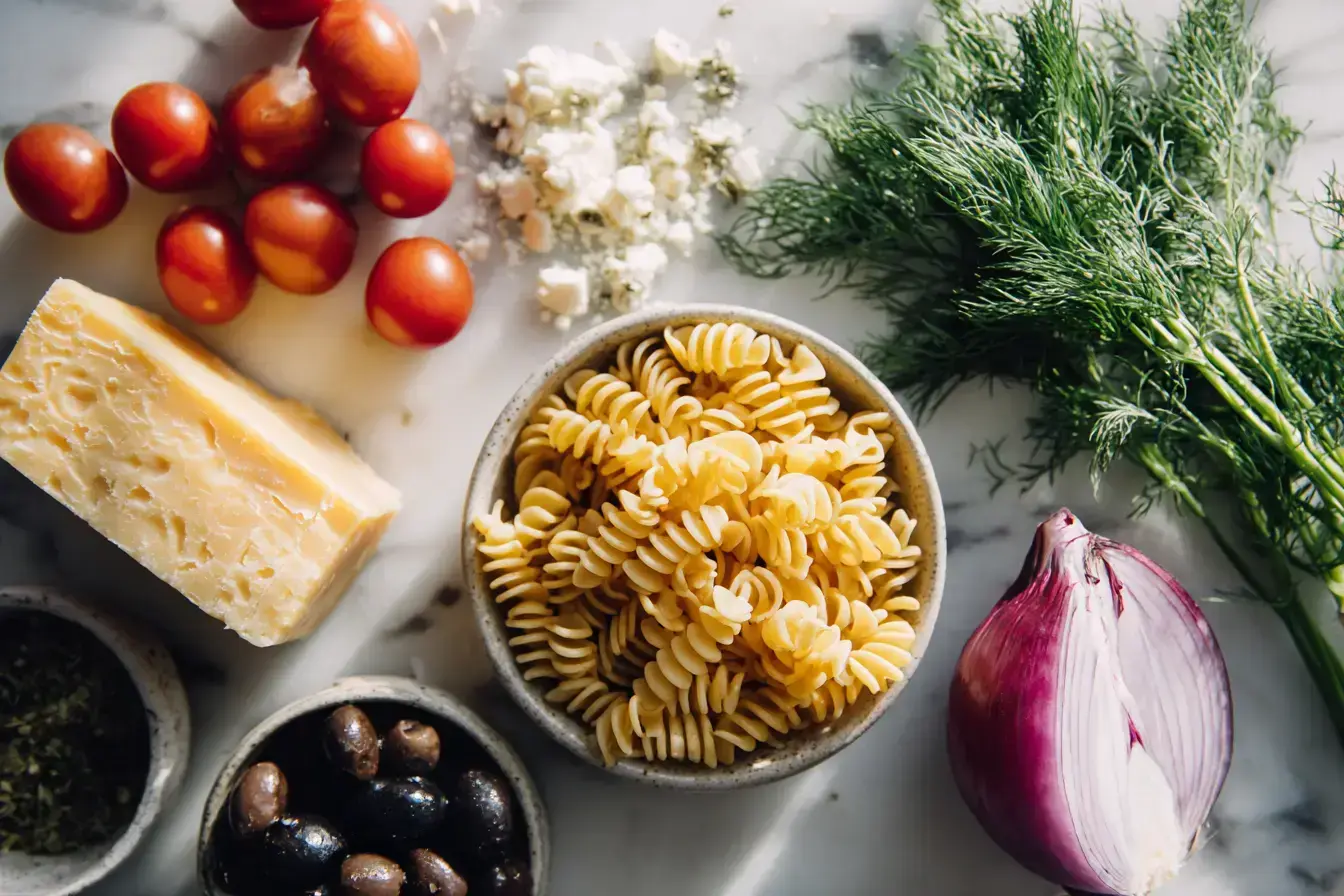 Ingredients for Pink Cadillac Pasta Salad laid out on a wooden table