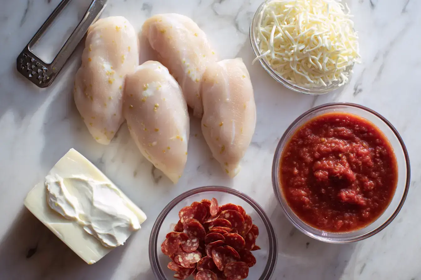 Ingredients for Pizza Stuffed Chicken including chicken, cheese, and pepperoni