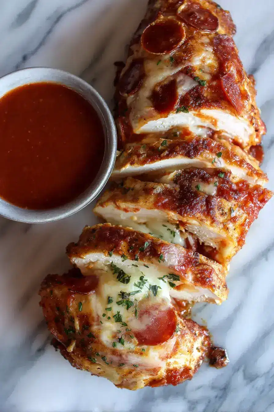 Pizza Stuffed Chicken served on a plate with a side of zucchini noodles and extra marinara
