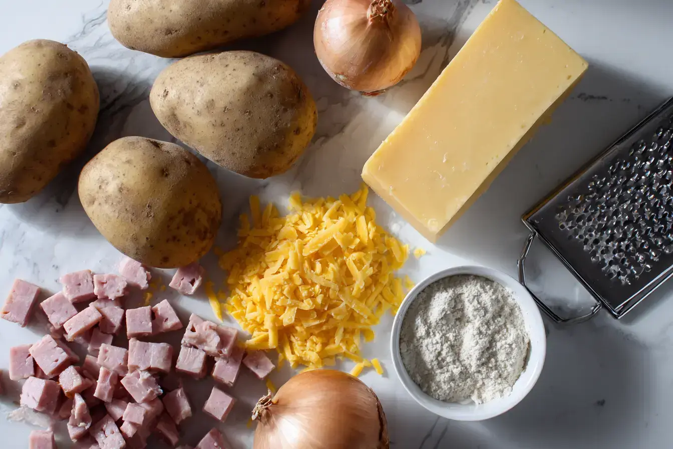 Fresh ingredients arranged for making Potatoes Au Gratin with Ham