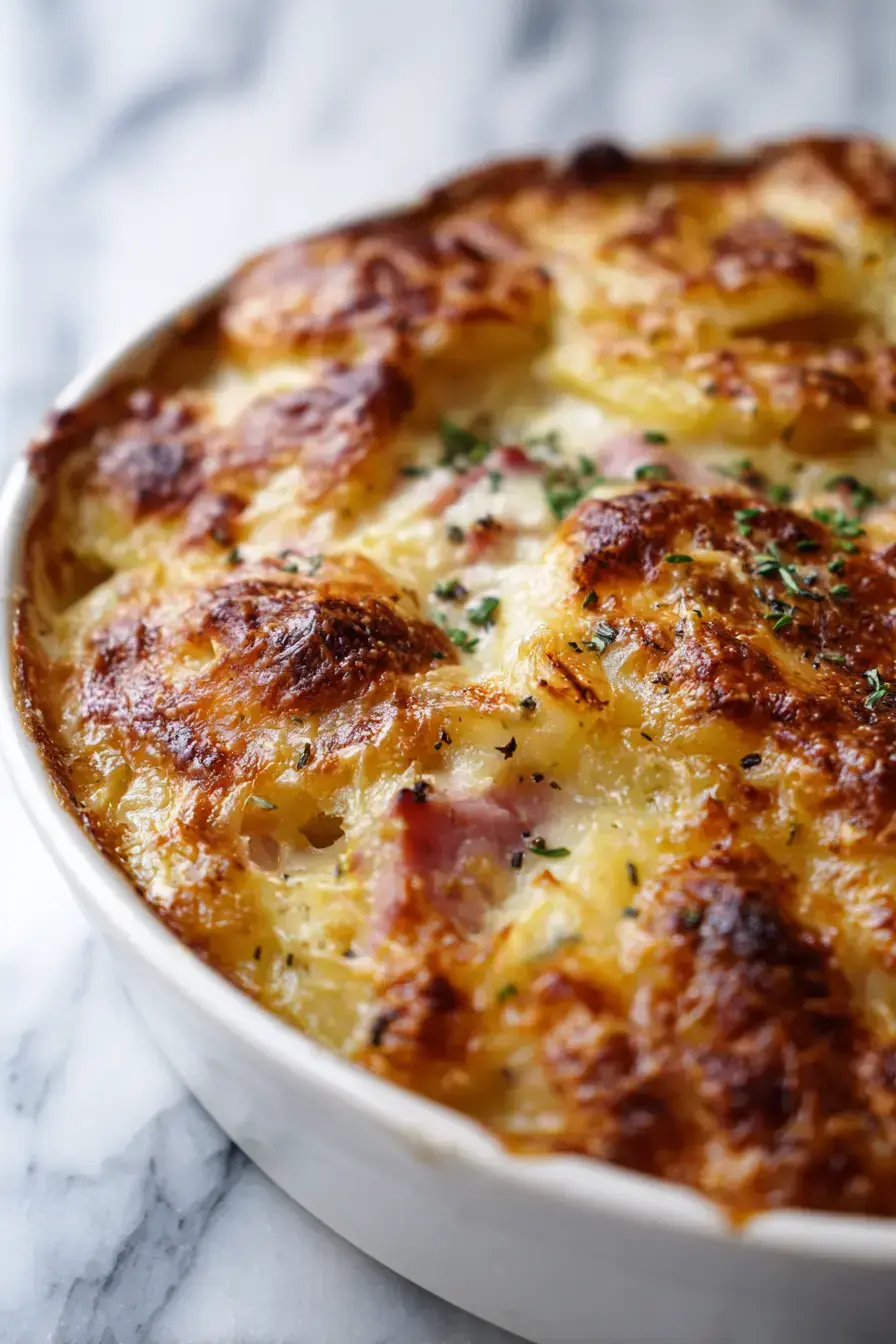 Beautifully served Potatoes Au Gratin with Ham on a holiday table with festive decorations