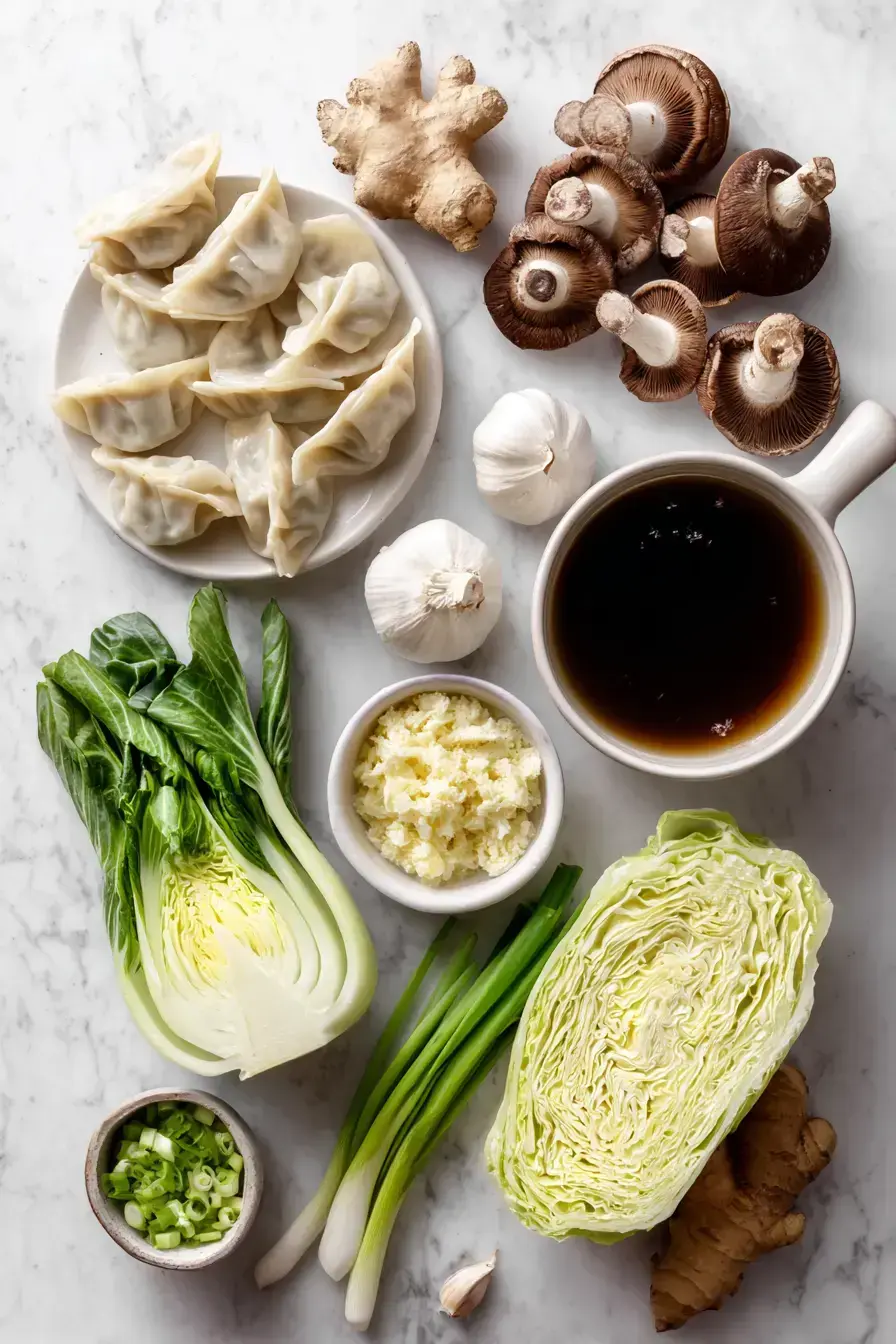 Fresh ingredients arranged for making Potsticker Soup
