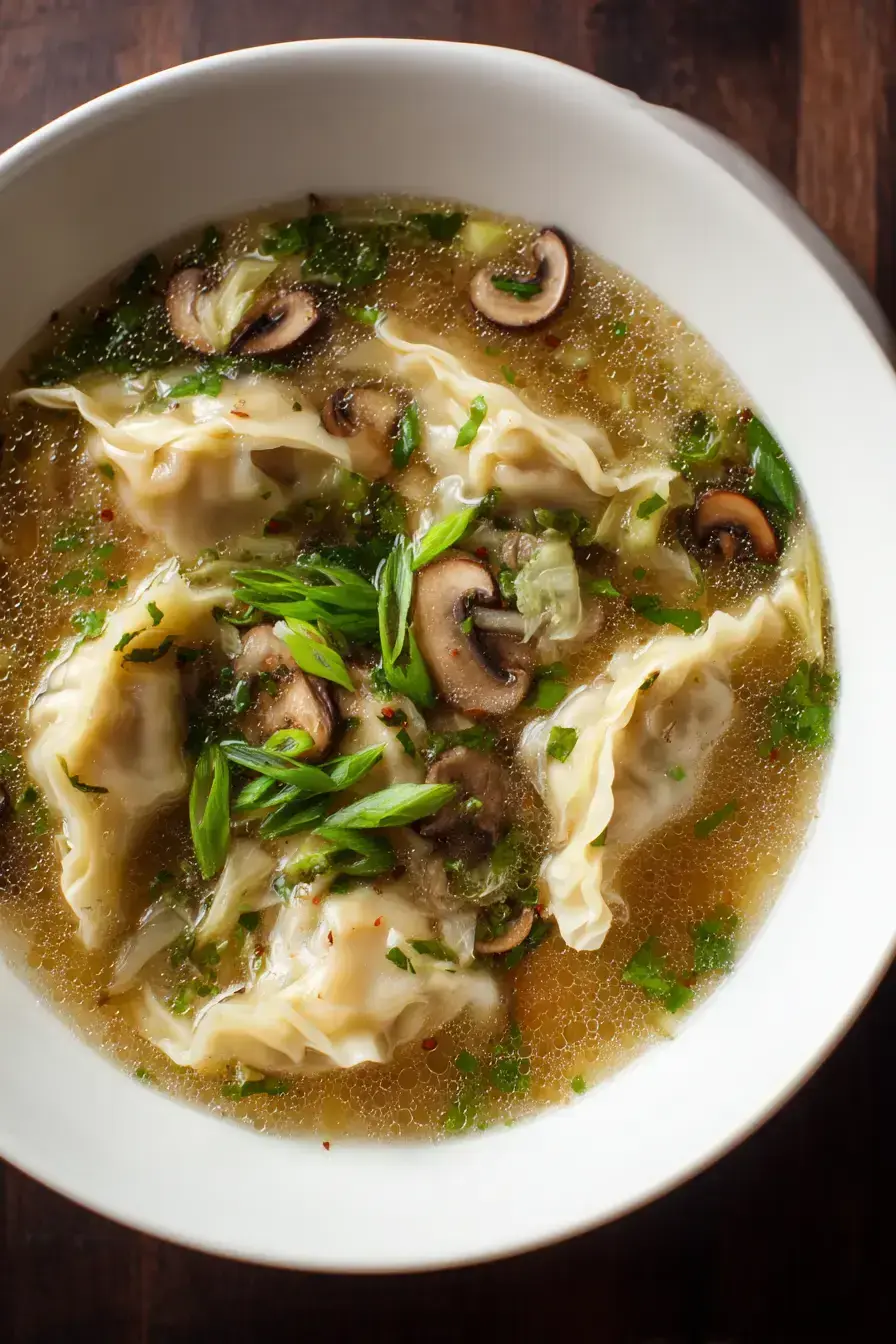 Beautifully served Potsticker Soup in ceramic bowls with garnishes