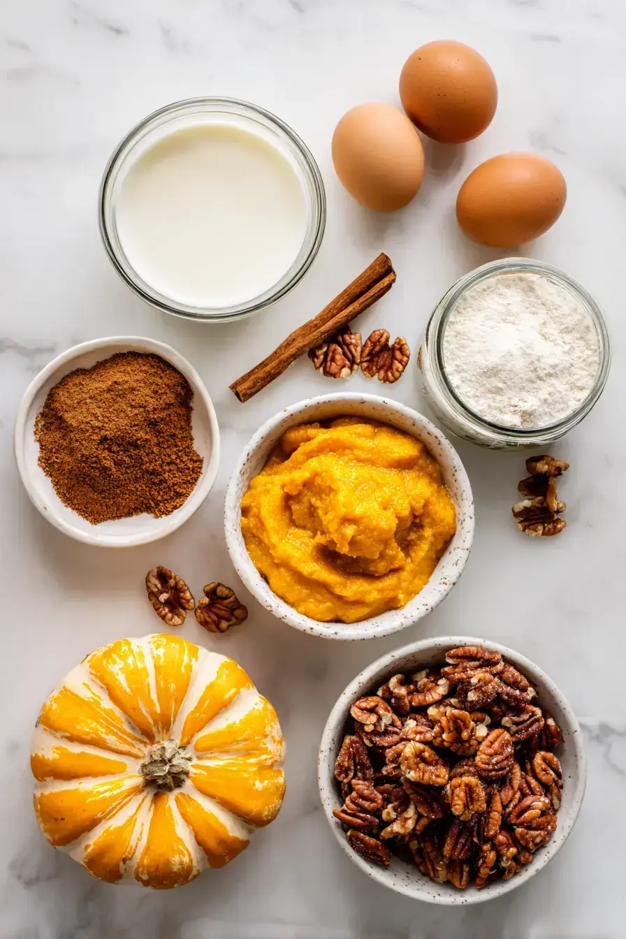 Ingredients for Pumpkin Bread Pudding including pumpkin puree and spices
