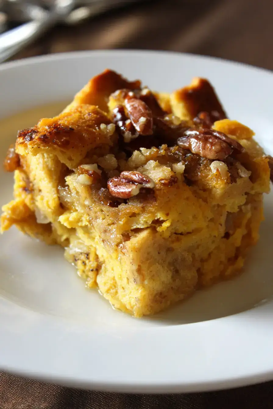 Serving Pumpkin Bread Pudding warm with vanilla ice cream melting on top