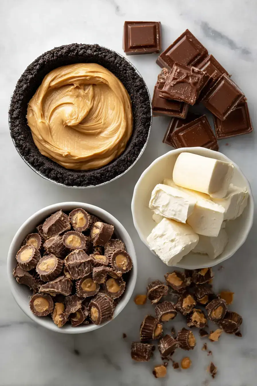 All ingredients for Reese's Peanut Butter Cup Pie laid out on a counter
