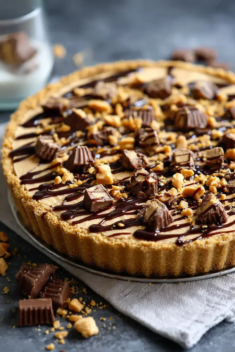 A slice of Reese's Peanut Butter Cup Pie served on a plate with a drizzle of chocolate syrup