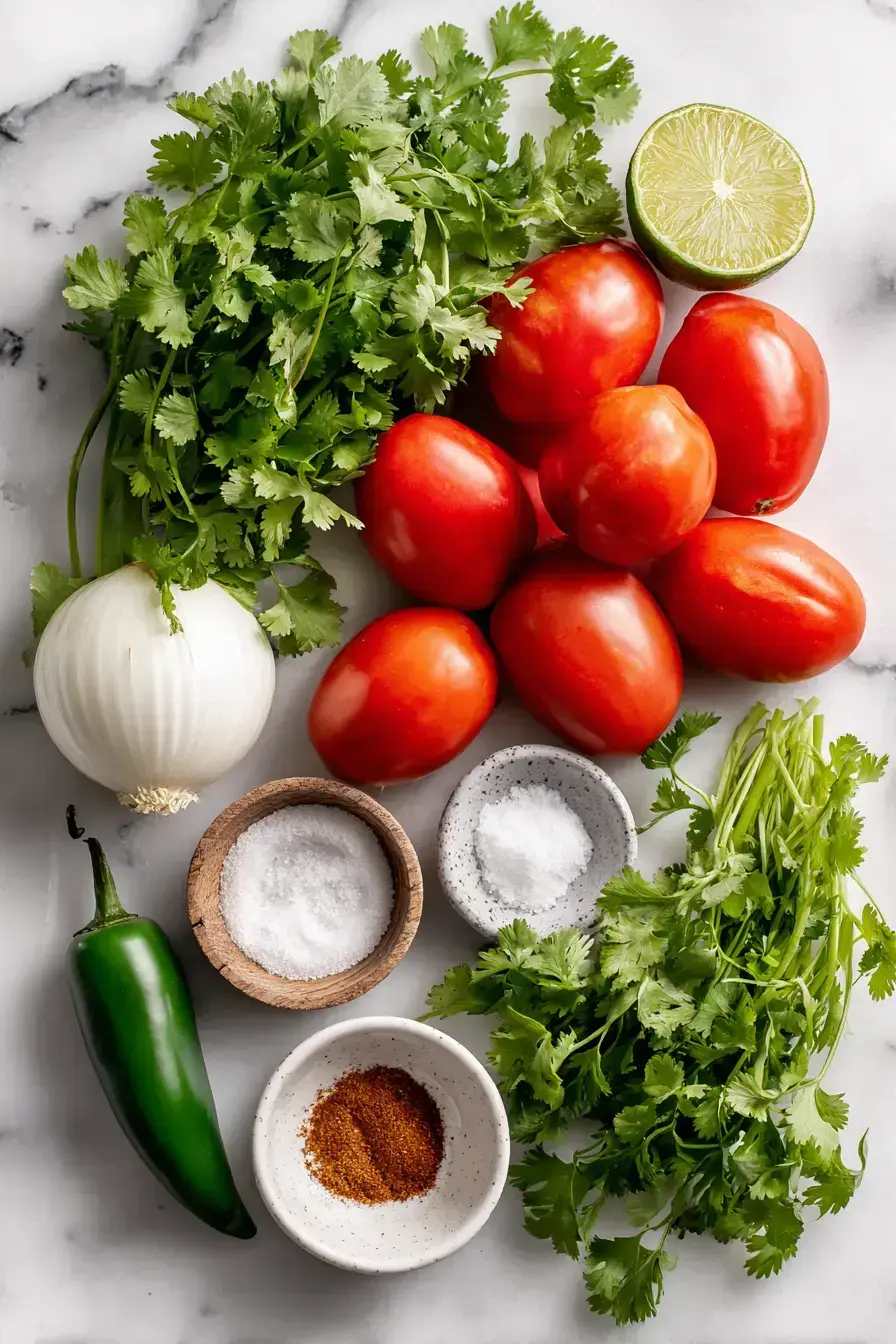 All the fresh ingredients for a homemade salsa with fresh tomatoes laid out ready to chop