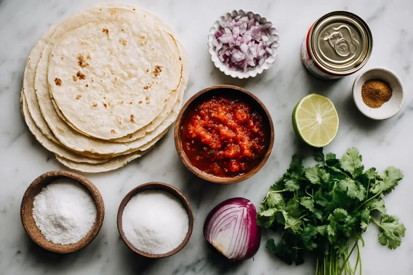 Ingredients for making salsa with cinnamon chips laid out on a wood table