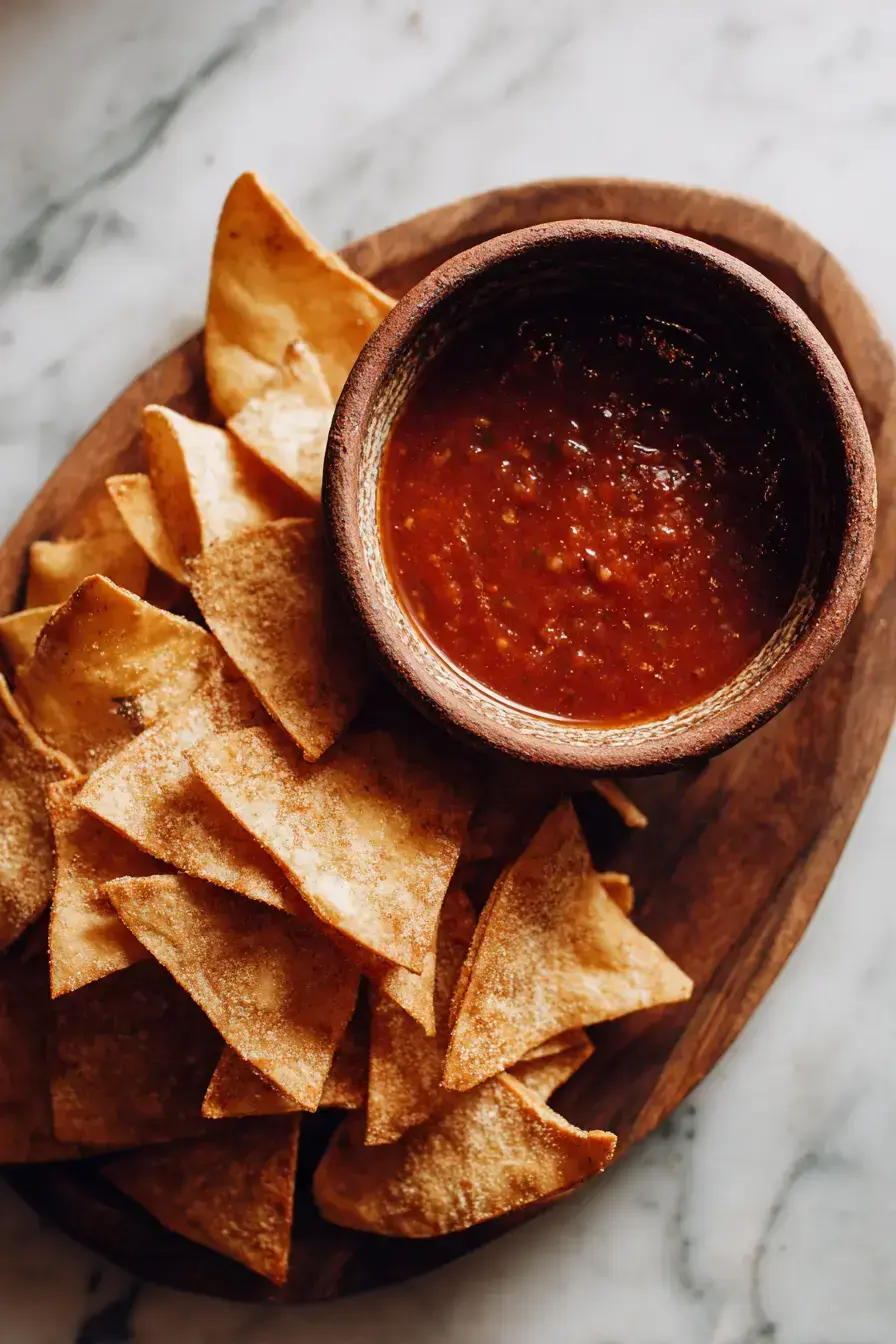 Beautiful serving platter with colorful salsa and cinnamon chips arranged for party guests