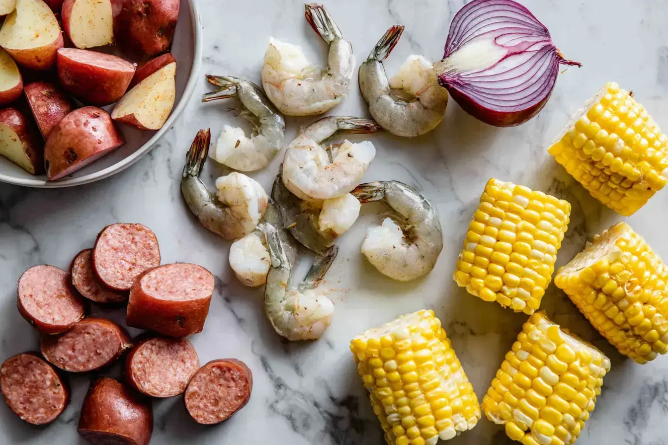 Shrimp Boil Foil Packets ingredients assembled in a colorful bowl