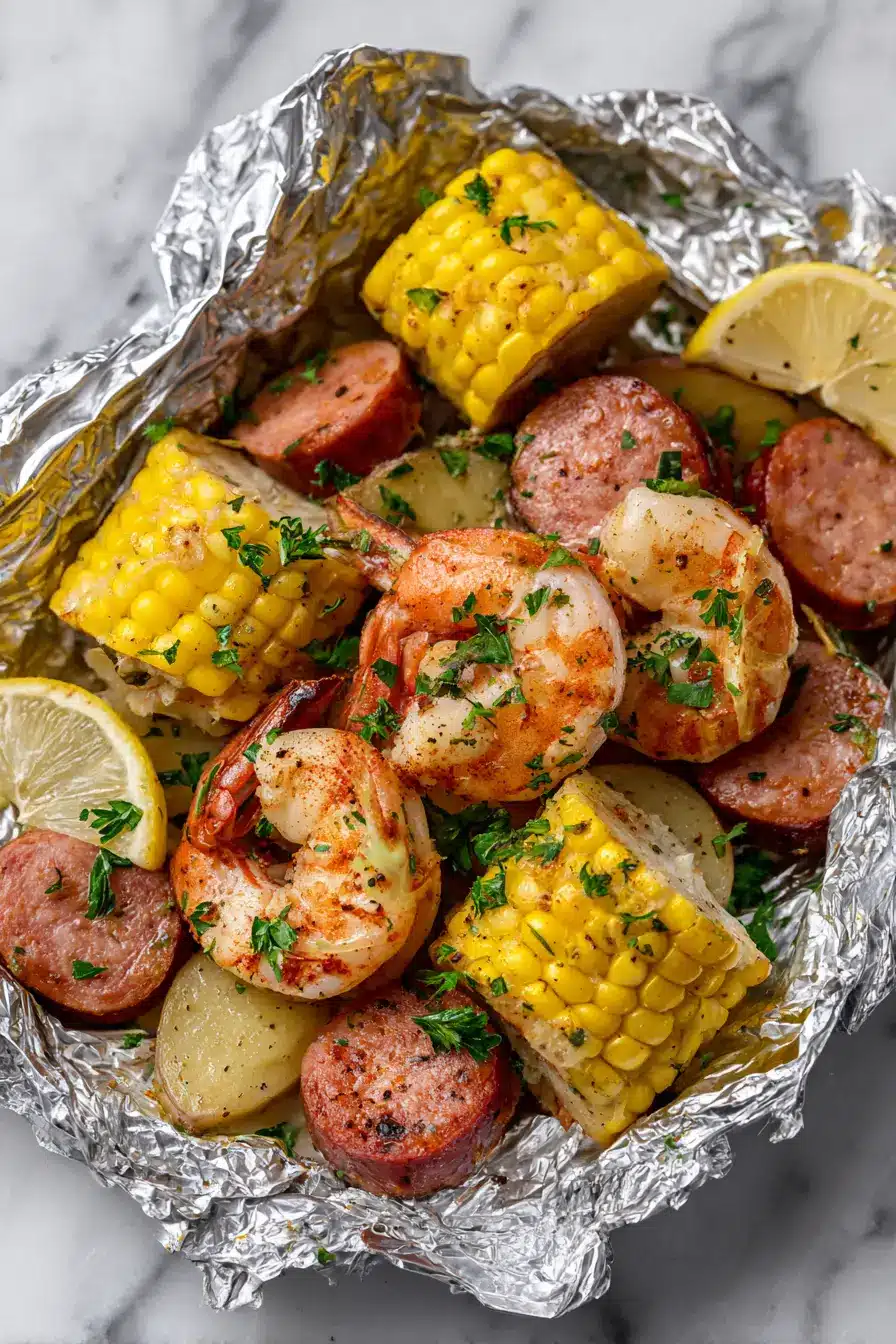 Shrimp Boil Foil Packets served on a large platter with fresh lemon and parsley garnish