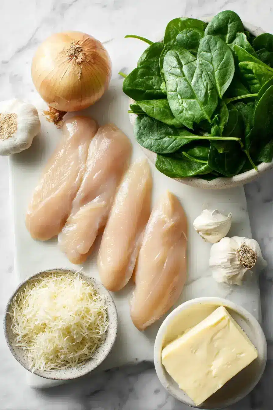 Fresh ingredients for making Smothered Chicken with Creamed Spinach laid out on a counter