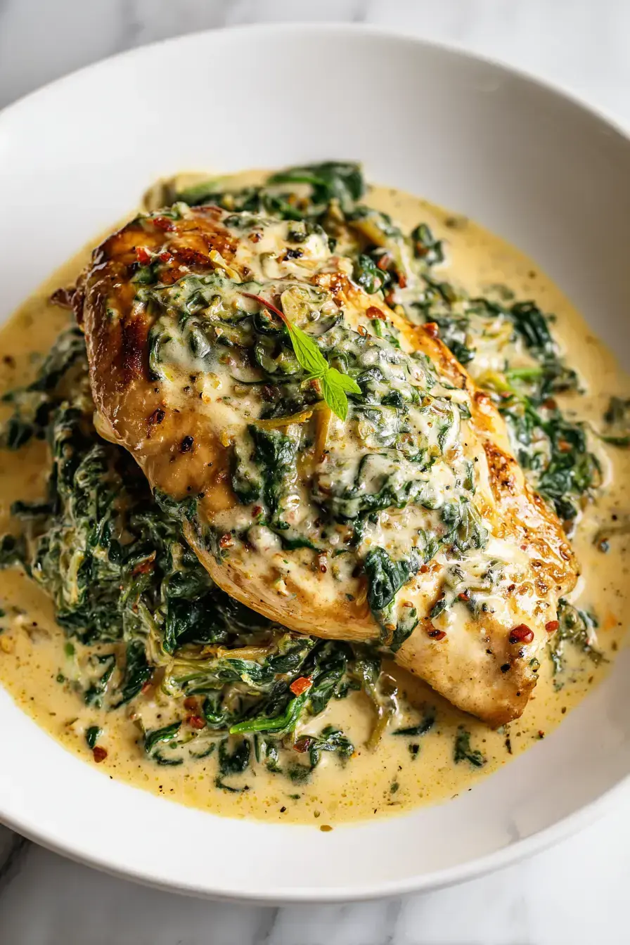 A beautifully plated serving of Smothered Chicken with Creamed Spinach alongside roasted potatoes
