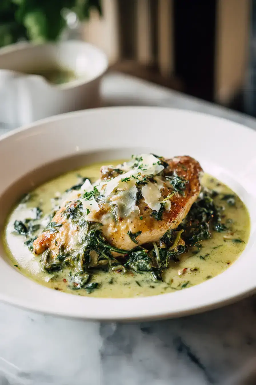 Smothered Chicken with Creamed Spinach Bacon and Mushrooms