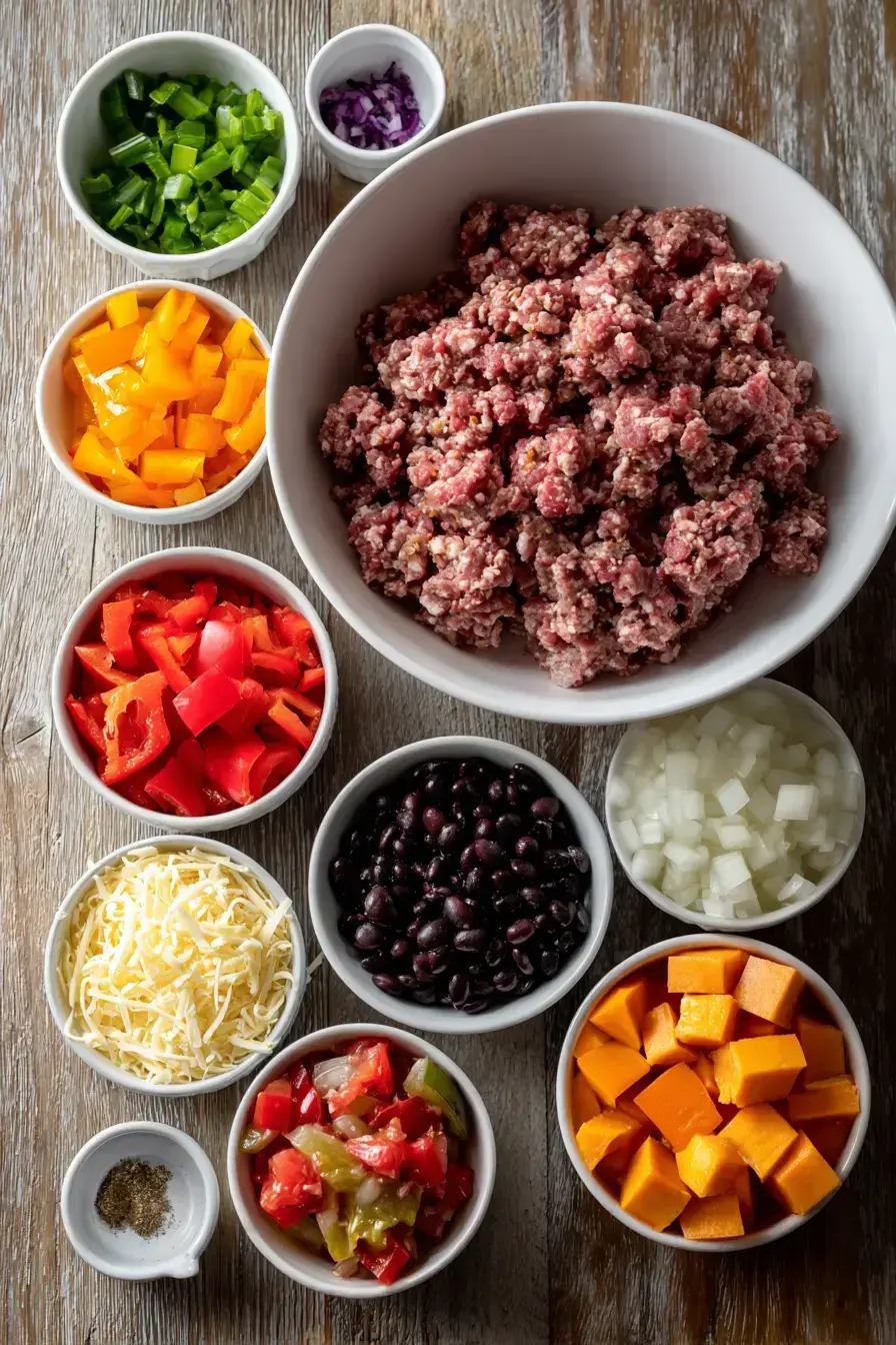 Ingredients for Southwest Ground Beef And Sweet Potato Skillet laid out