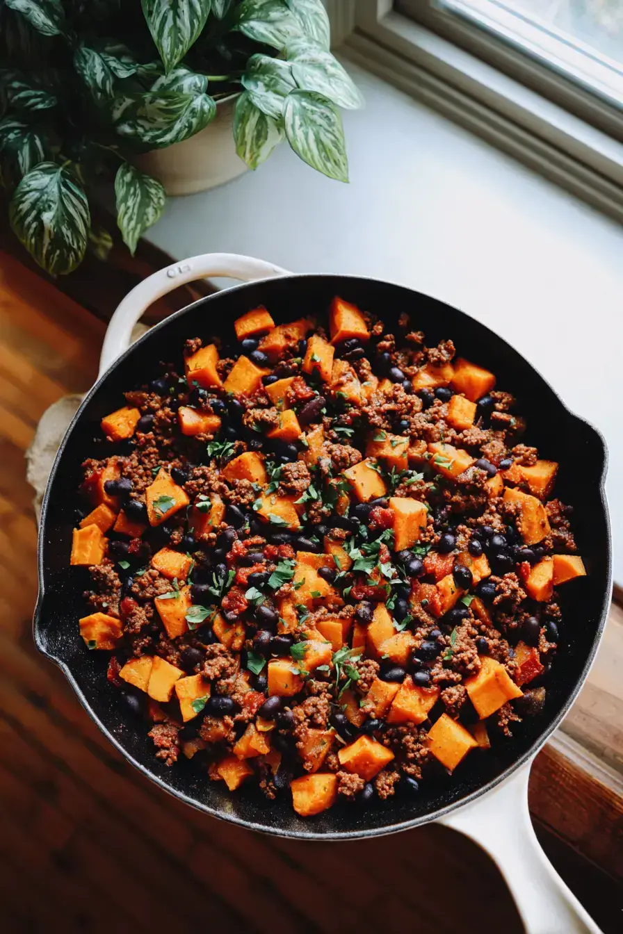 Southwest Ground Beef and Sweet Potato Skillet