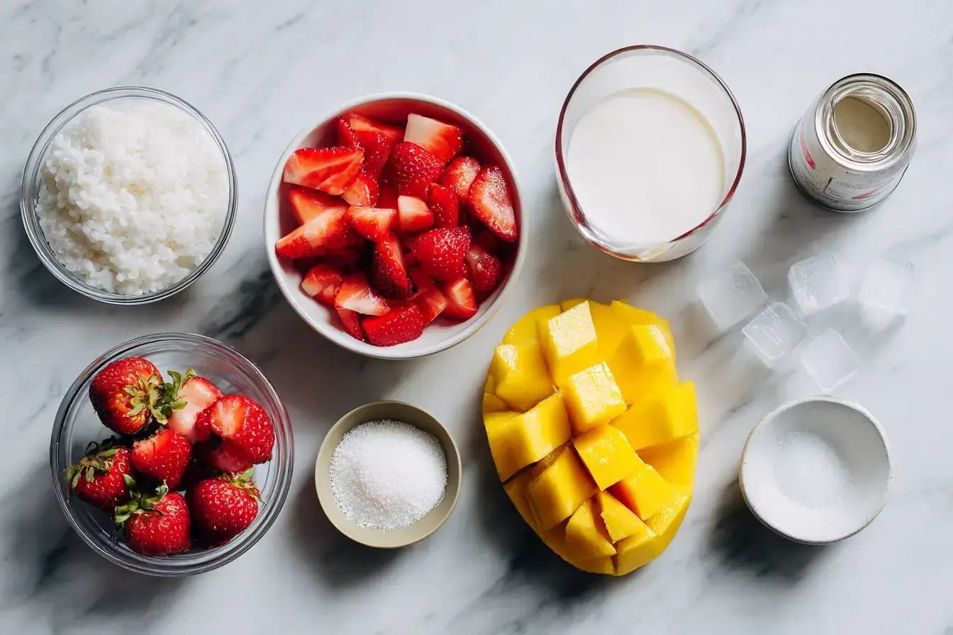 Ingredients laid out for making Easy Strawberry Mango Sago