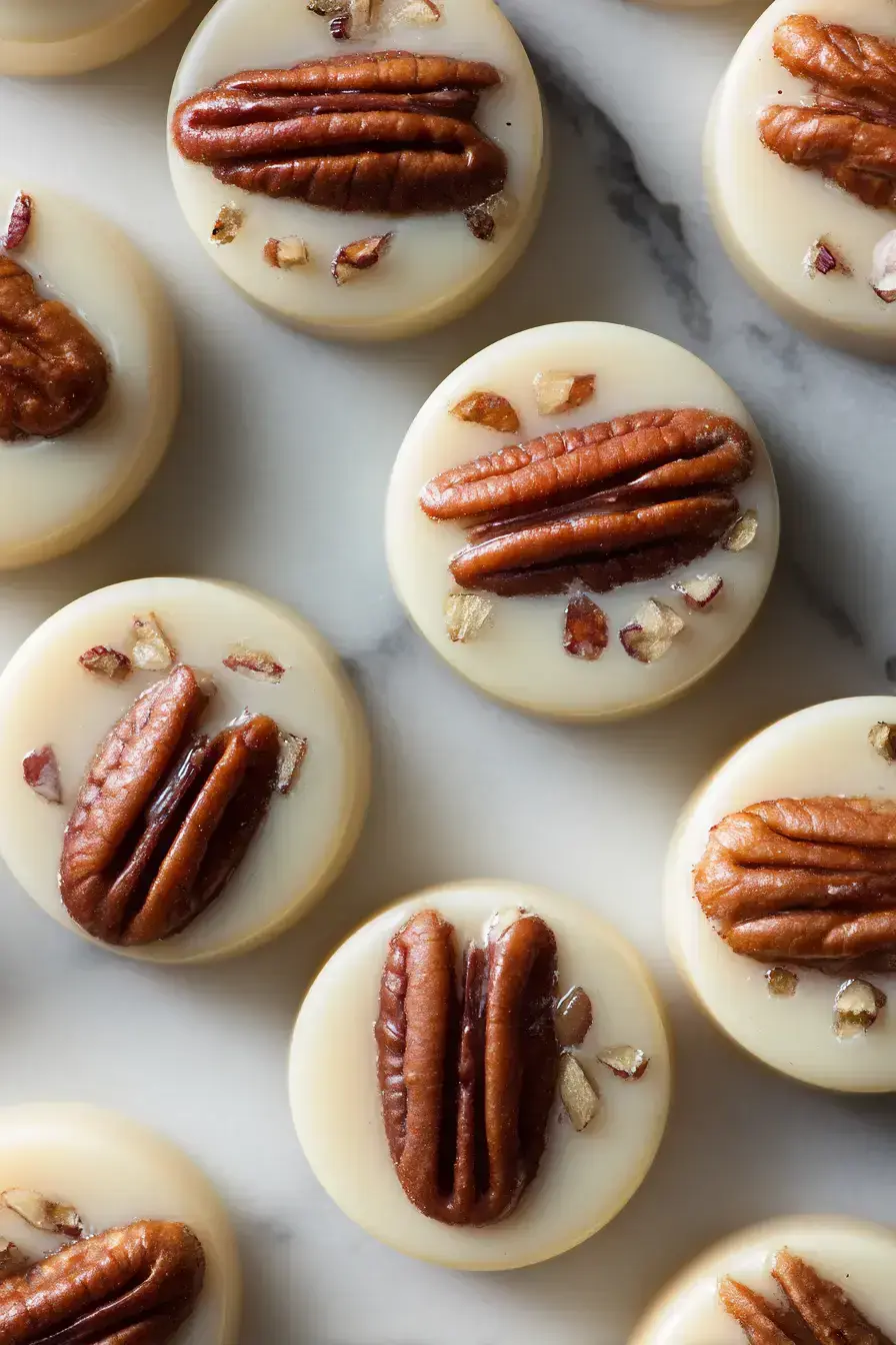 Vanilla Pecan Pralines arranged beautifully on a festive serving plate with coffee