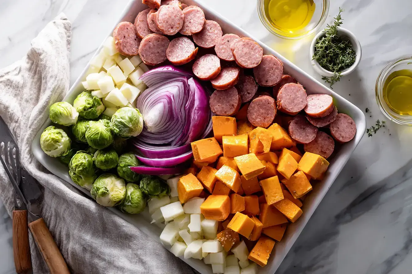 Ingredients for autumn kielbasa sheet pan bake with creamy curry dijon sauce arranged beautifully