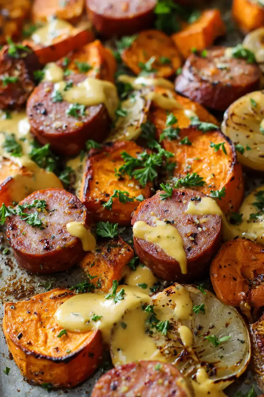 Serving autumn kielbasa sheet pan bake with creamy curry dijon sauce at a festive fall gathering