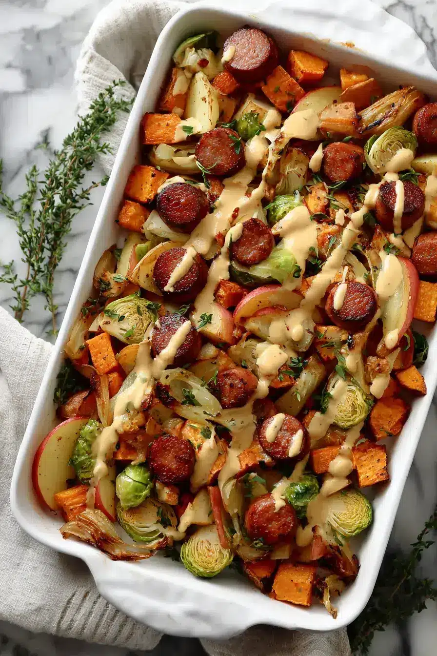 Autumn Kielbasa Sheet Pan Bake with Creamy Curry Dijon Sauce