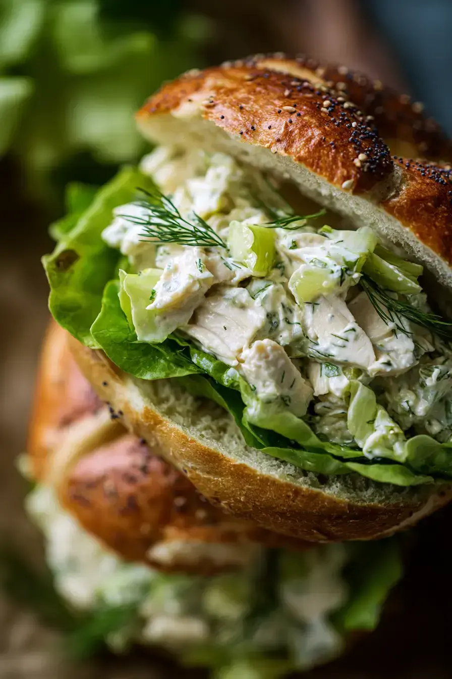 Beagle bagel chicken salad recipe served on a wooden board with fresh sides for a perfect lunch