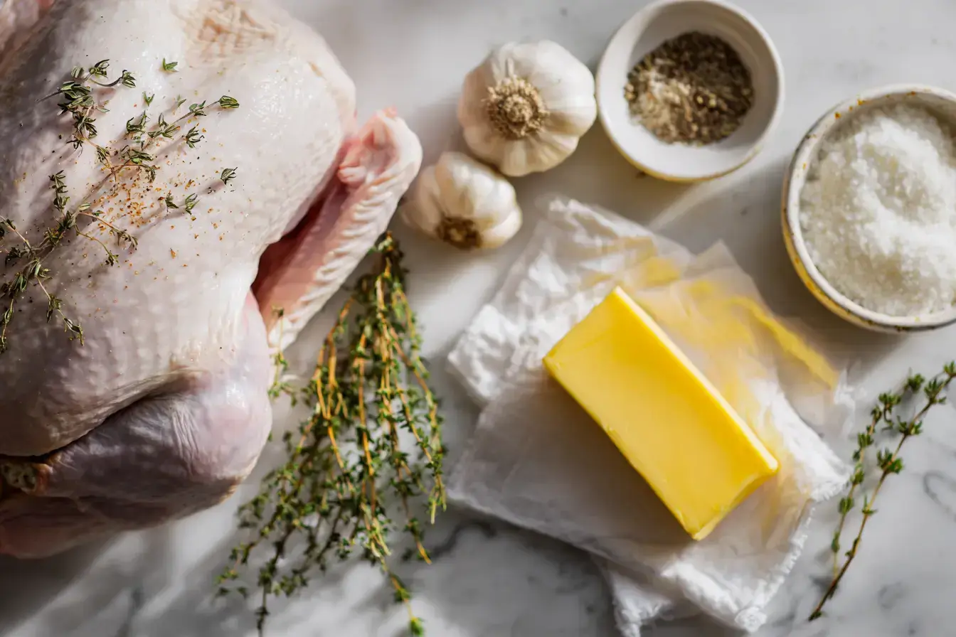 Ingredients for the cheesecloth turkey hack including butter, herbs, and cheesecloth
