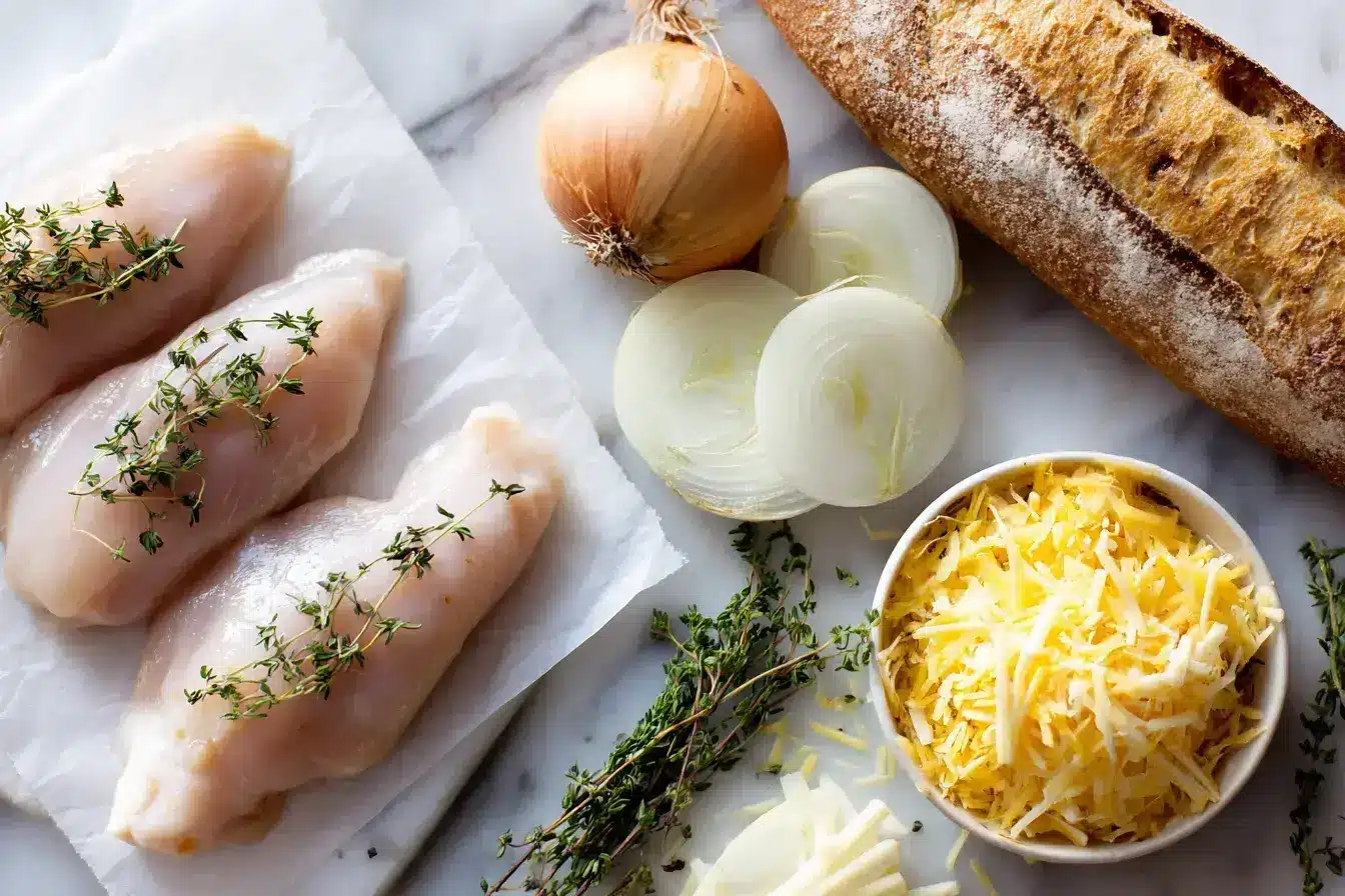 Ingredients for chicken and french onion soup arranged on a rustic table