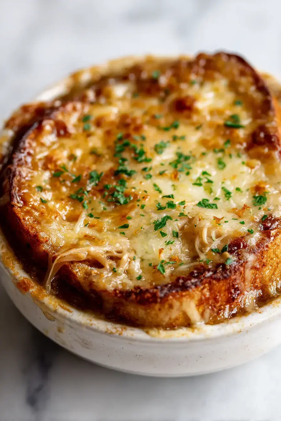 Serving chicken and french onion soup in rustic bowls with melted cheese