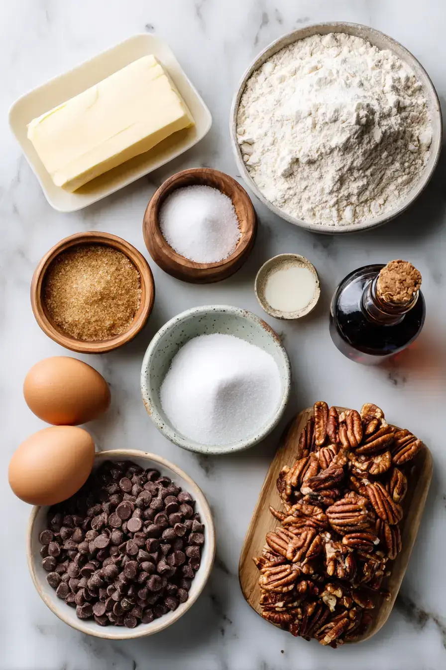 Ingredients for making homemade chocolate chip cookies on a wooden board
