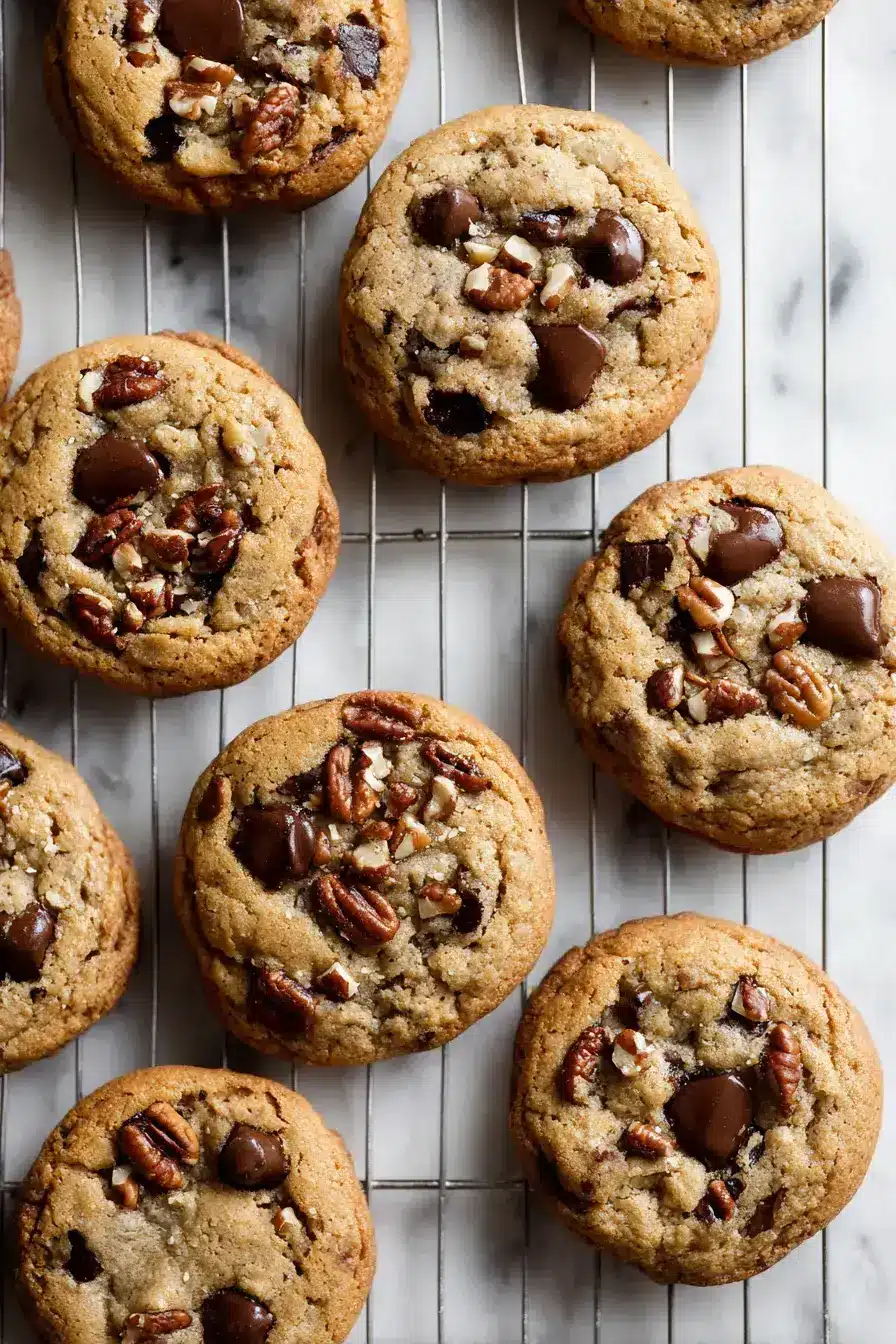 Freshly baked chocolate chip cookies served on a rustic wooden plate with a glass of milk