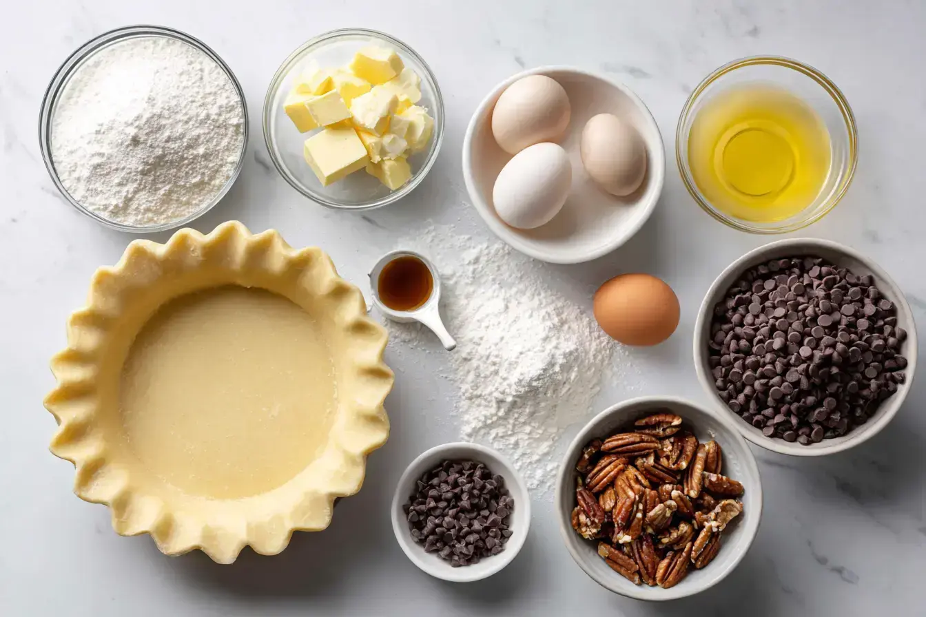 Ingredients for a baked gooey pie with chocolate chips laid out on a kitchen counter