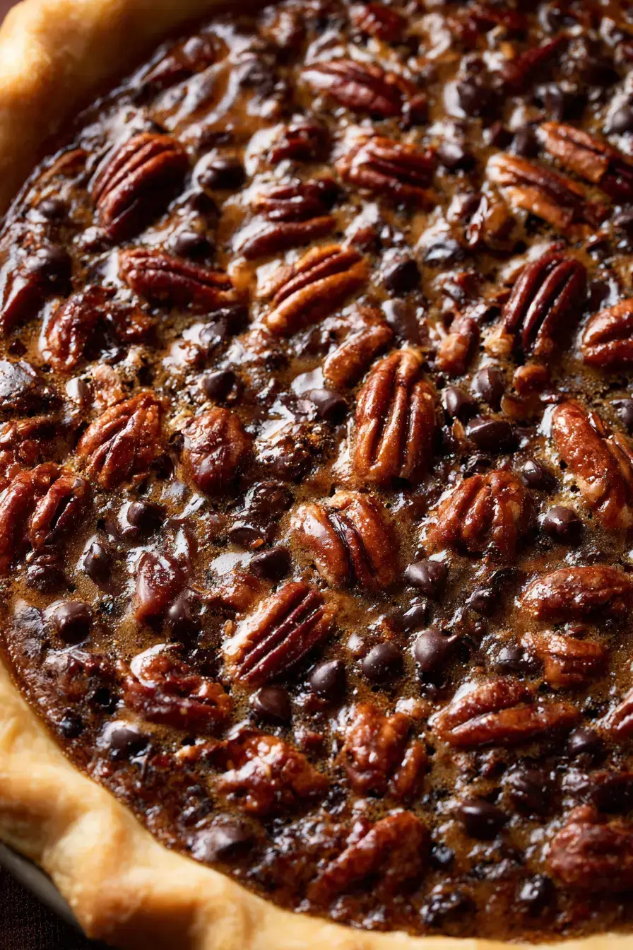 A beautiful slice of hoedown chocolate chip pie served warm with vanilla ice cream melting over the top