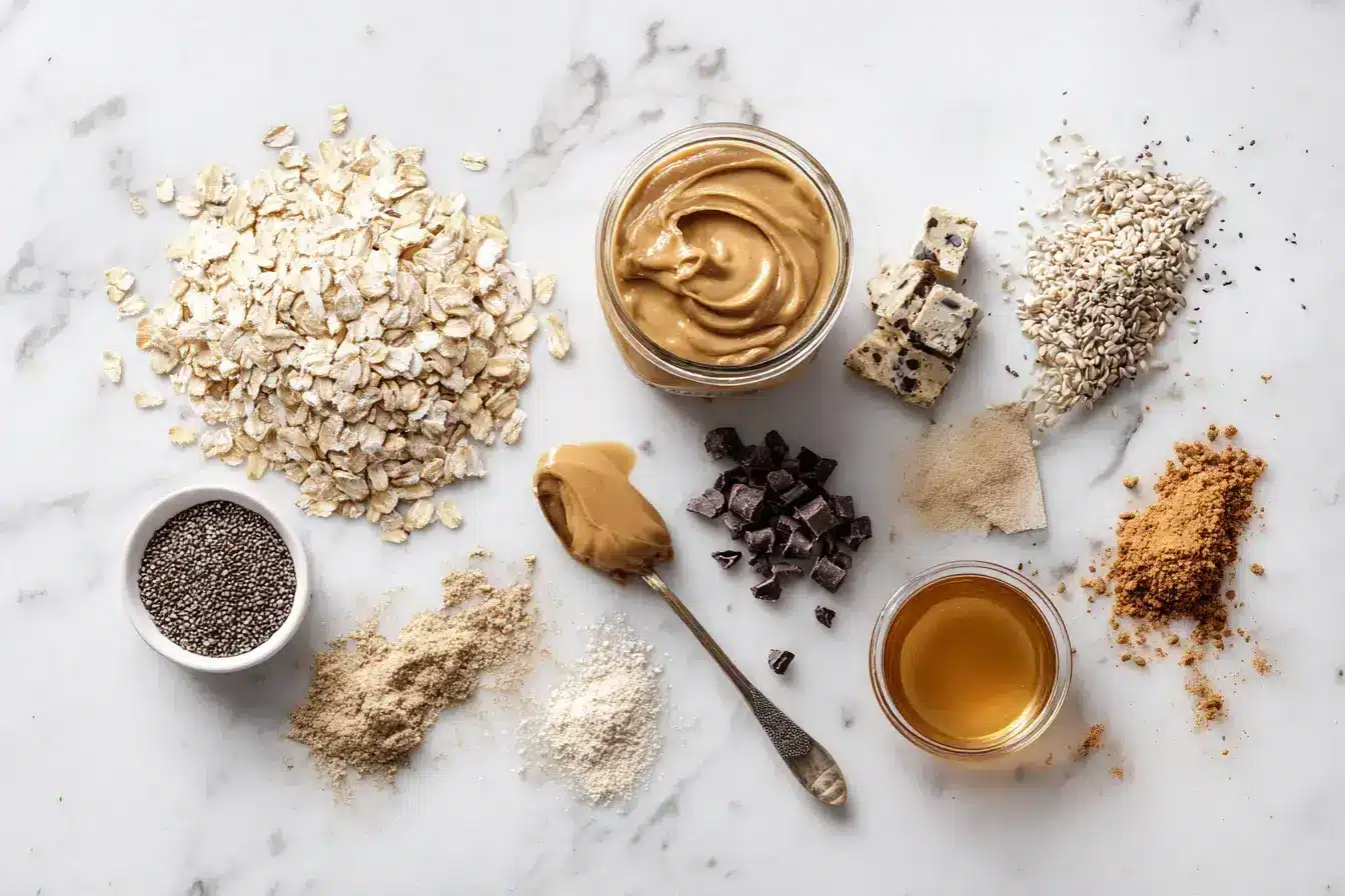 All the ingredients for making oats and peanut butter balls laid out