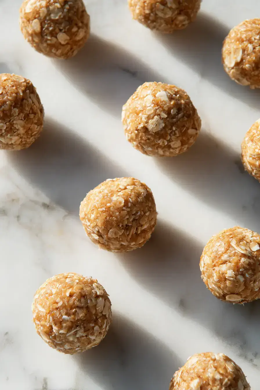 Oats and peanut butter balls beautifully arranged on a serving platter with fresh berries