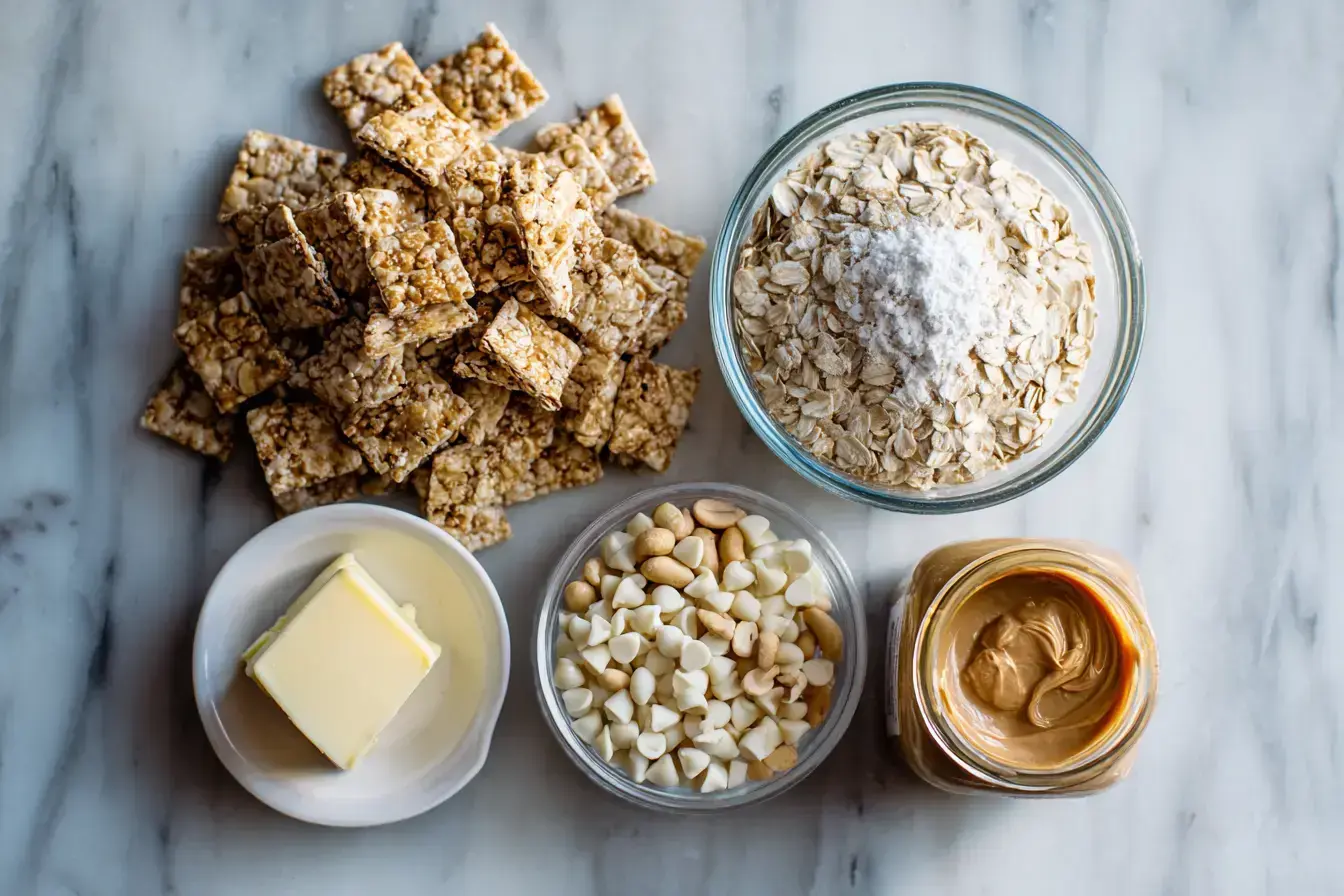 Ingredients for an easy reindeer chow recipe laid out on a rustic kitchen counter