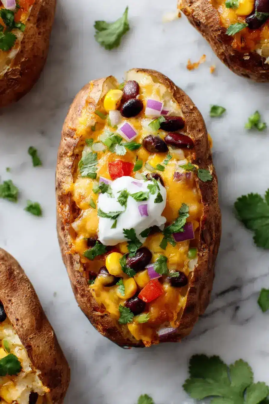 Russett southwest potatoes served with fresh toppings and a side salad